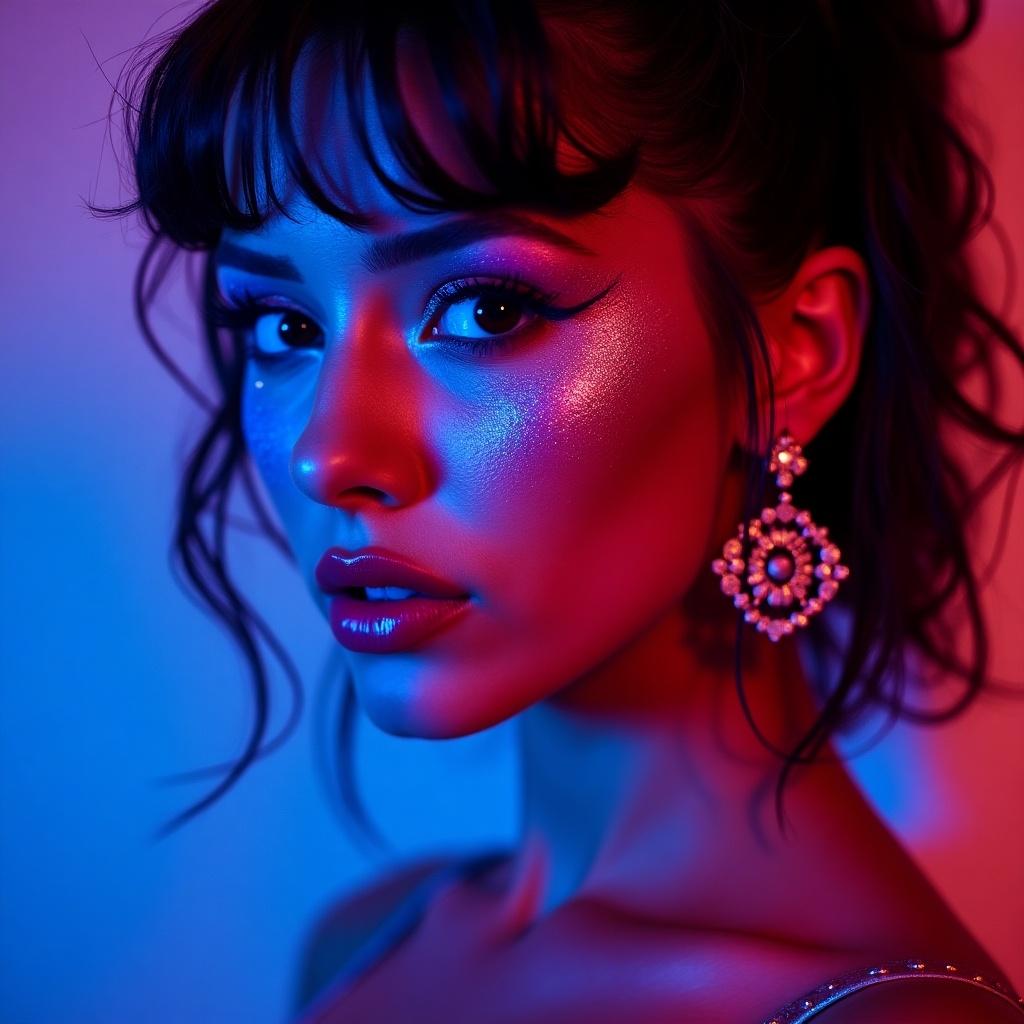 Close-up portrait illuminated by vibrant neon lights. Colorful glow on the face. Shades of blue, pink, and purple lighting. Subject wears elaborate earrings. Bold makeup with glitter on cheeks and shoulders. Softly out of focus background.