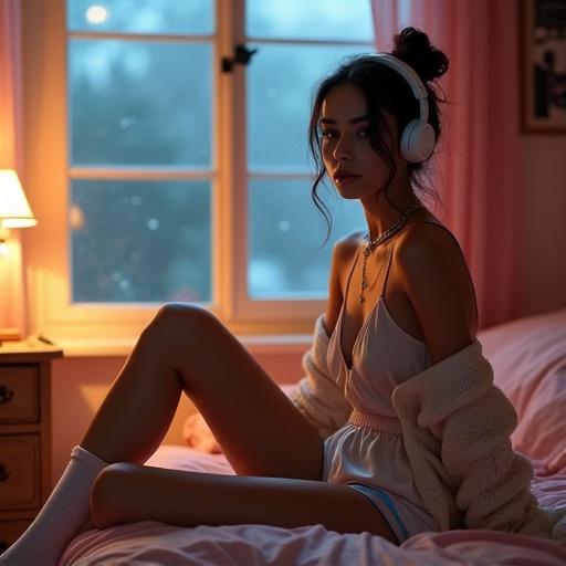 Photorealistic cinematic portrait of a young woman sitting on an unmade bed with pink sheets at night in a university dorm. She has a soft, youthful expression, relaxed posture, and wears headphones. The scene includes clothing scattered around and a window showing rain outside. The warm light from a vintage lamp contrasts the cool tones from the rain-glossed window. Detailed room elements add narrative.