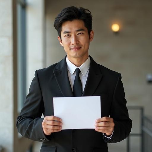 Man in suit holding a blank piece of paper in a modern office setting. He stands confidently looking at the camera with a smile. The background is softly blurred resembling an office environment.