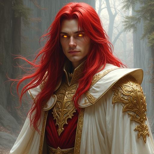 Elf cleric with long crimson red hair wearing ornate robes in a fantasy forest setting. Cold yellow eyes visible. Exudes a powerful presence with detailed clothing. Mystical background adds depth to the character.