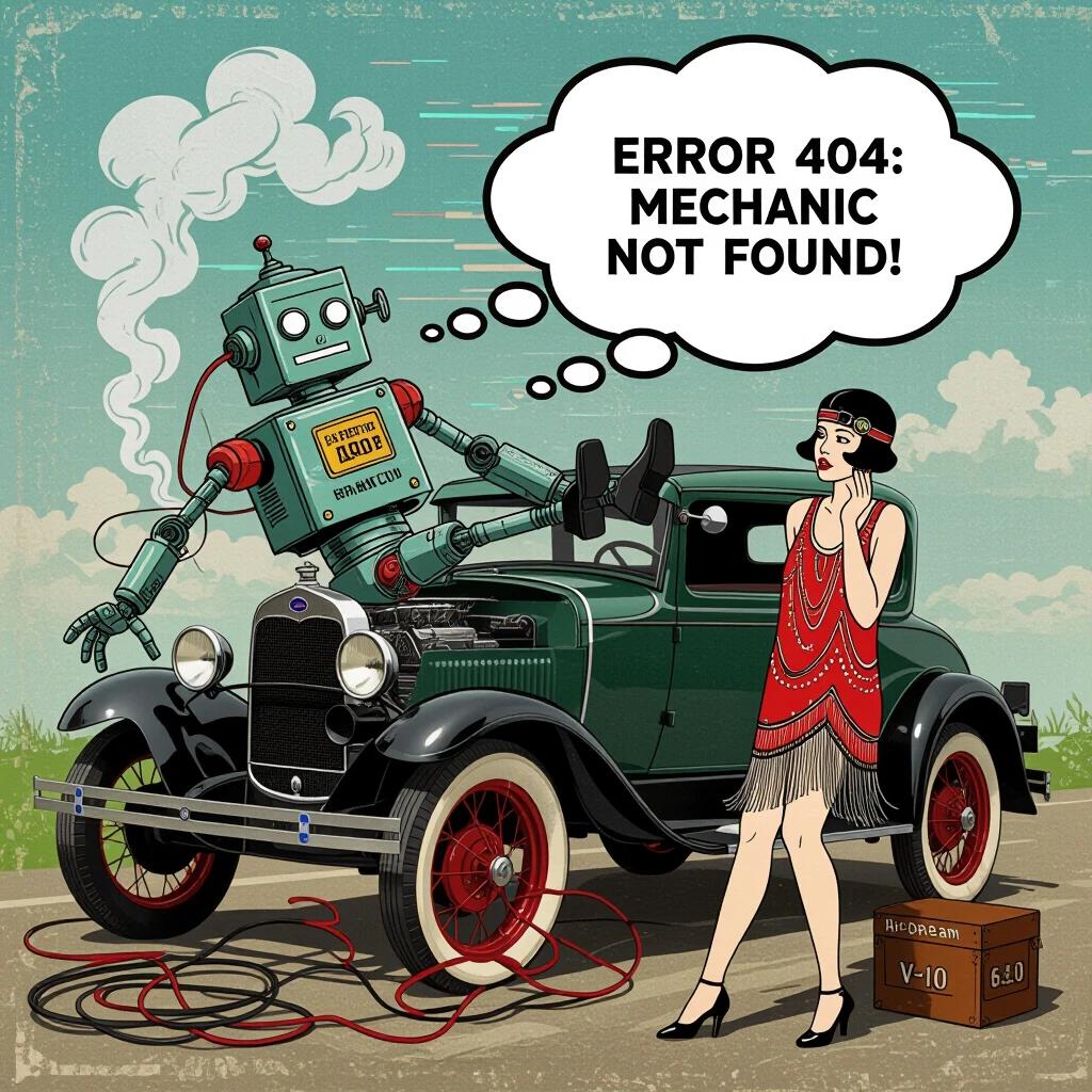 Confused robot underneath a vintage Ford Model A with only legs showing. Flapper woman standing beside the car with a facepalm gesture. The engine is smoking. Thought bubble says ERROR 404: Mechanic Not Found. Artwork reflects AI limitations in a humorous way with steampunk elements. The robot has a label saying Hi-Dream v1.0 and the vintage photo style adds digital glitches.