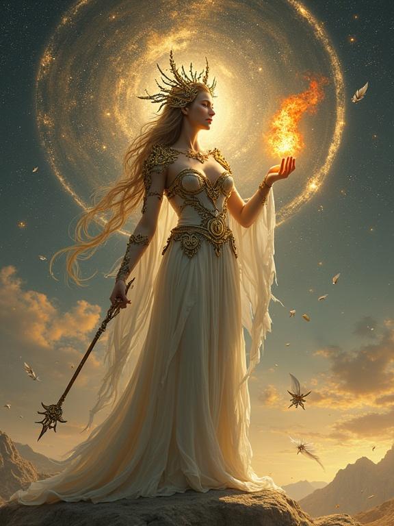 Goddess stands against time and fate. She wears a halo of broken clock parts. Left hand cradles floating fire like a star. Right arm has armored fragments of a scythe. Soft gray feathers fall, turning into white quills. Cosmic background with gold and black swirls. Soft lighting highlights her serene expression.