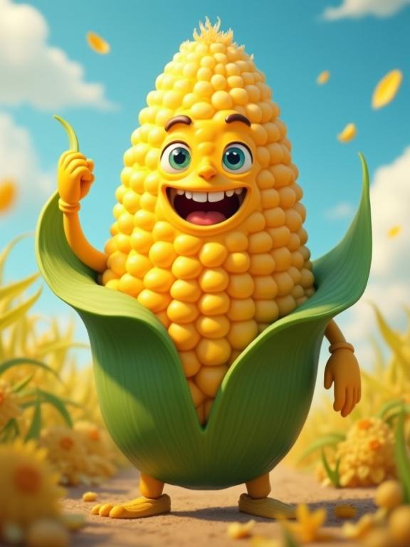 A cartoonish corn character with a smiling face and arms, vibrant yellow color, standing in a cornfield with sunny skies in a playful style.