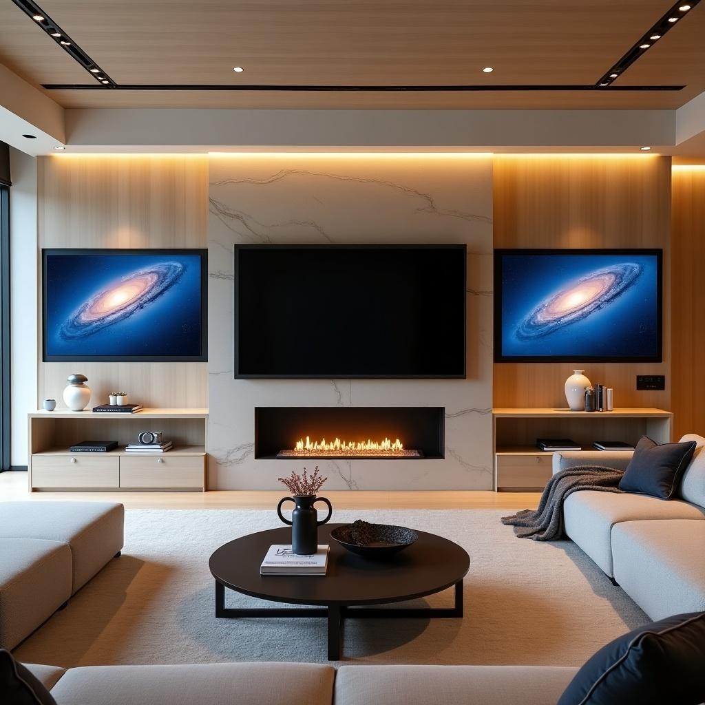 Living room design featuring 90 inch flatscreen TV centered. Two 65 inch screens flanking TV. Modern aesthetic with light wood paneling. Cozy seating arrangement around coffee table. Fireplace integrated into wall design.