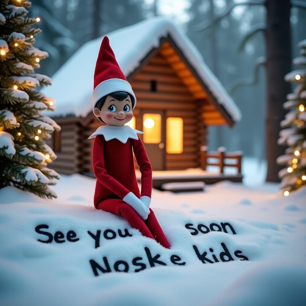 An elf on the shelf sits happily in a snowy landscape. He wears a red outfit with a white collar and a festive hat. Behind him is a cozy cabin, warmly lit to create a magical holiday atmosphere. The ground is blanketed in soft, white snow where he writes 'See you soon Noske kids' in the snow. Trees decorated with twinkling lights surround him, contributing to the peaceful winter scene that evokes the spirit of Christmas.