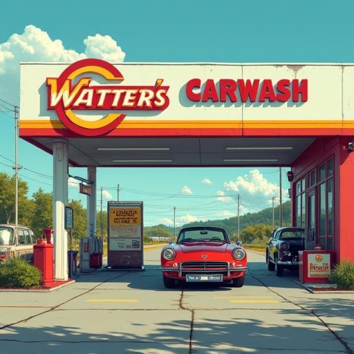 A vibrant car wash poster featuring a retro car wash establishment. The image includes a prominent sign with the name 'Watters' and emphasizes the car wash service. A couple of vintage cars are visible, creating a nostalgic atmosphere.