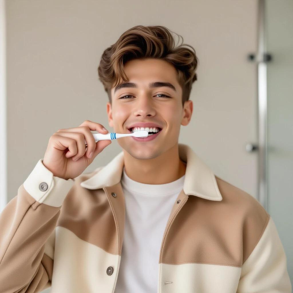 Person holds toothbrush and brushes teeth. He wears light brown and white clothing. The background is softly blurred. Focus on dental care and grooming. A calm setting with natural lighting.