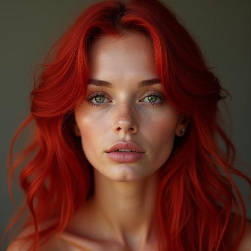 Image of a woman with long red hair and striking green eyes. The woman has full lips and a captivating expression. Soft natural lighting highlights her features.