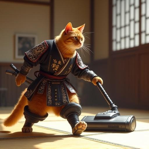 Ginger cat dressed as a samurai stands in a traditional Japanese room. Cat holds a vacuum cleaner. Katana rack visible. Dynamic shadows and action capture the moment.