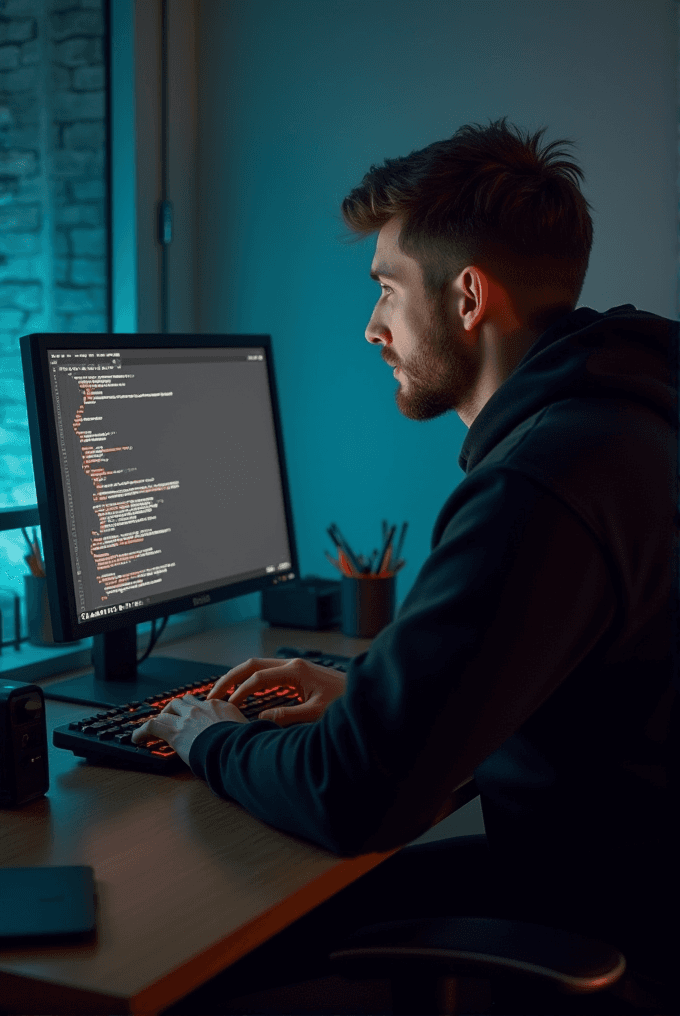 A focused individual is coding in a dimly lit room, illuminated by a computer screen displaying lines of code, with a candle providing a warm glow.