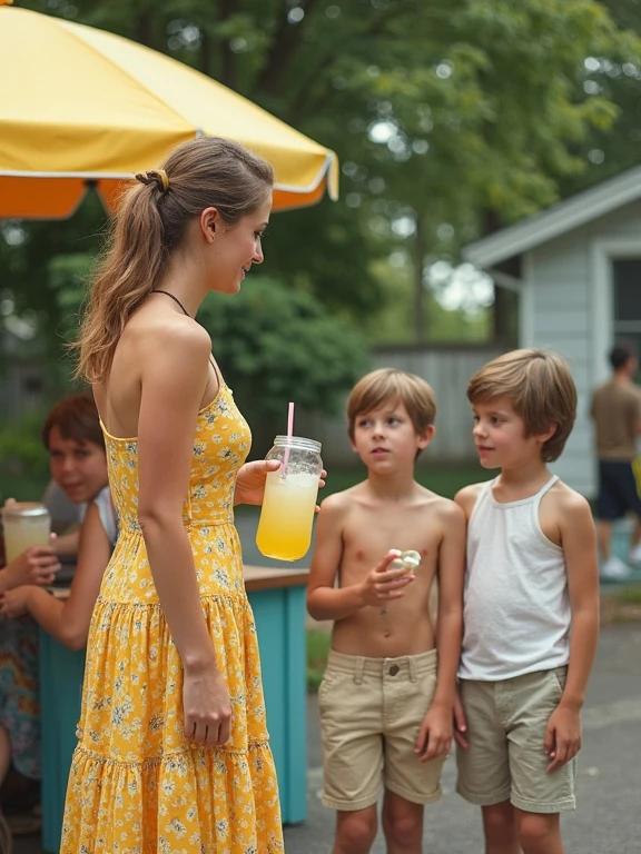 Woman wears a yellow sundress. She talks to two boys. Boys stand in front of a lemonade stand. Bright sunny day in a neighborhood. Lighthearted summer atmosphere. Neighborhood children enjoying refreshments.