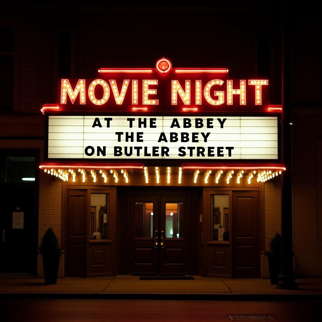 The image features a classic movie marquee sign illuminated in bright colors. It prominently displays 'MOVIE NIGHT AT THE ABBEY,' inviting viewers to attend the event. The name of the establishment, 'The Abbey On Butler Street,' is elegantly written in cursive and adorned with lights. The well-lit facade creates a warm and welcoming atmosphere, ideal for a night out. This theater serves as a community hub for entertainment and social gatherings.