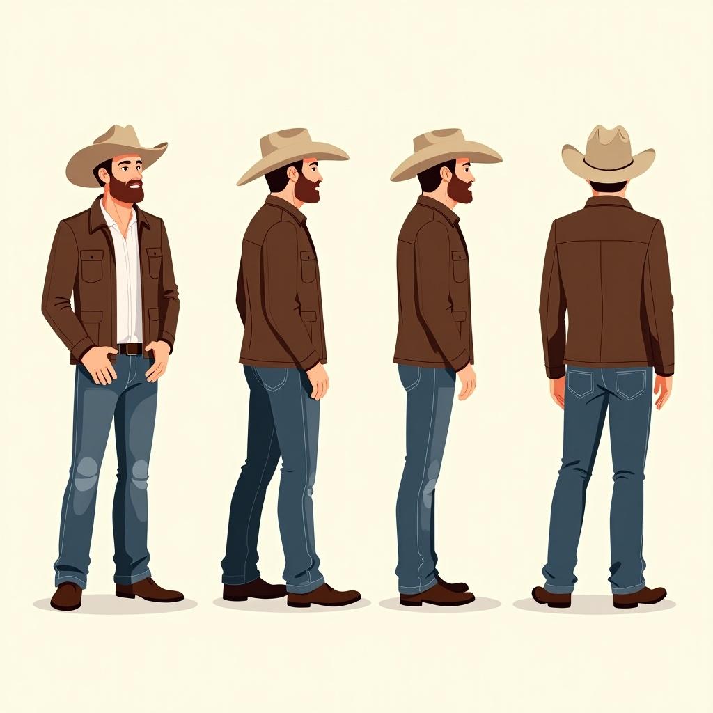 Illustration of a country singer viewed from four angles. Front view shows the singer’s outfit and stance. Side views present the left and right profiles of the singer. Back view details the rear appearance. The illustration showcases a stylish country aesthetic in a simple background.