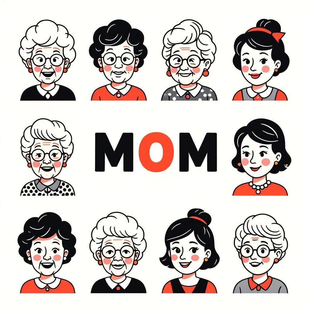Flash tattoo sheet features caricature images of adorable old women. The word MOM appears in bold red letters. Art style is minimalist with black and white elements. Focus is on the illustrations representing motherhood.