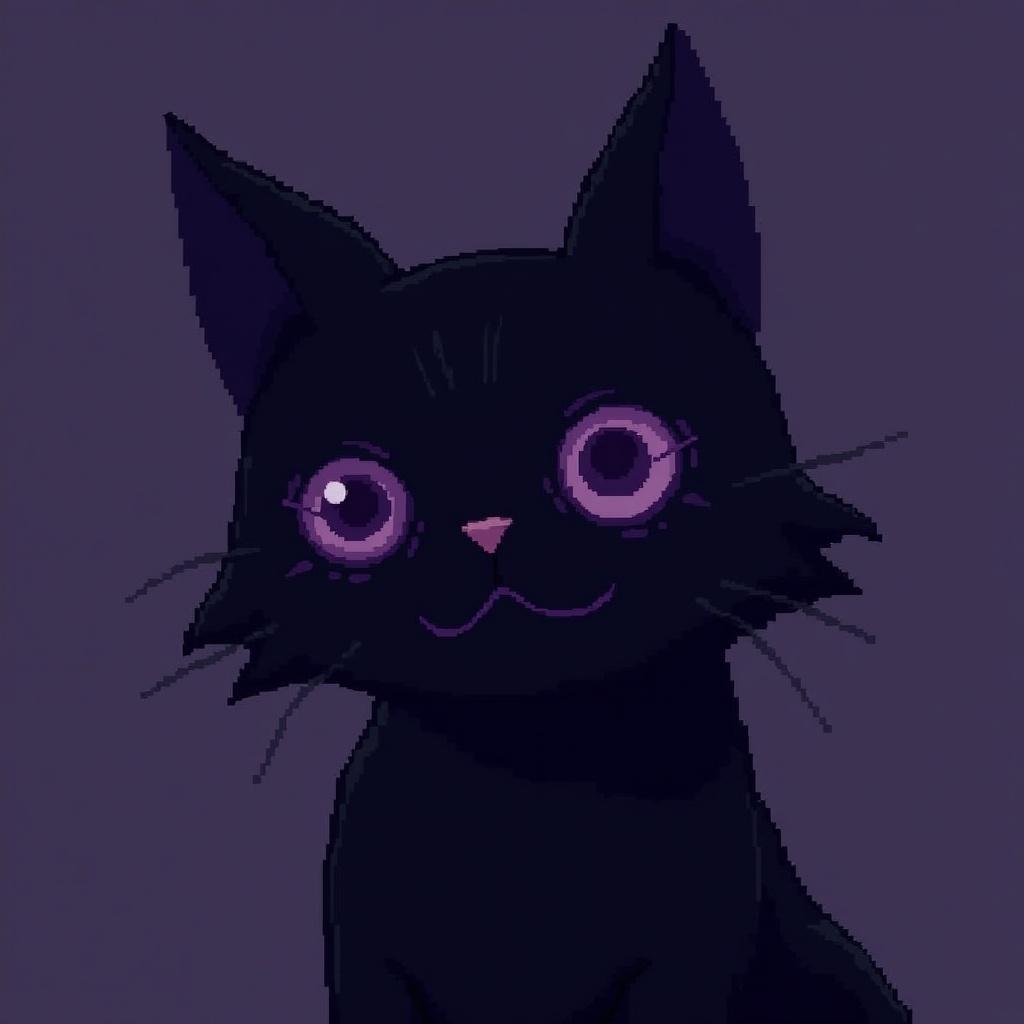 Pixel art depicting a humanoid black cat. Cat has spiral purple eyes. Dark background enhances the cat's features. Focus on the cat's expressive face.
