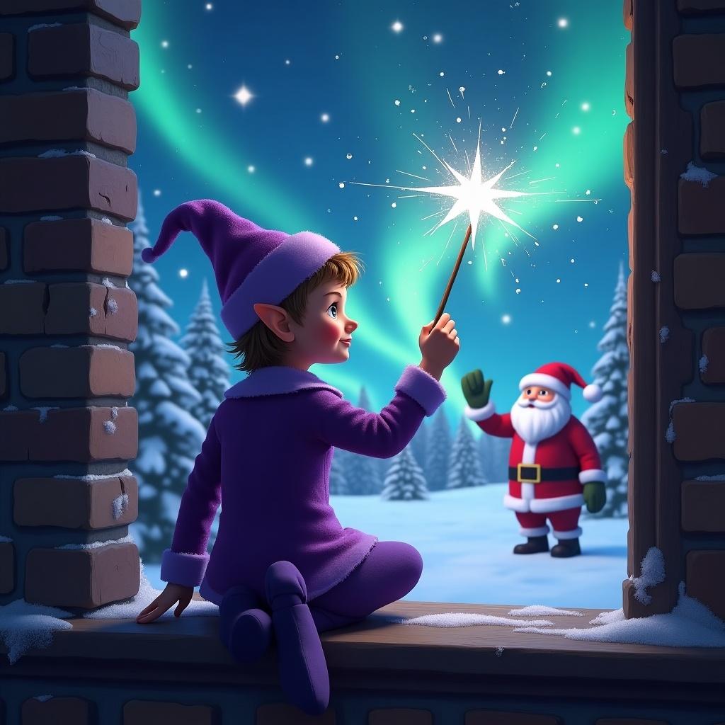 Purple elf facing the sky using a wand. Magical Christmas scene with northern lights. Santa Claus in the background. Cozy atmosphere.