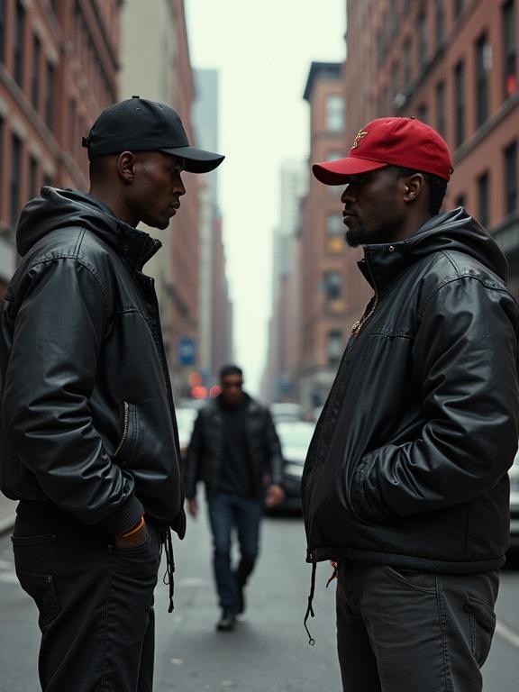 Photorealistic image showcasing two men in leather jackets standing on a busy New York street. Modern day setting with a city backdrop. No violence depicted. Focus is on street fashion and urban atmosphere.