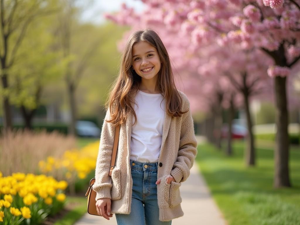 The image captures a young girl in a beige cardigan and jeans, smiling as she walks along a tree-lined path adorned with blooming pink cherry blossoms. The bright yellow flowers lining the path and the lush green grass enhance the vibrant spring setting, creating a fresh and cheerful atmosphere.