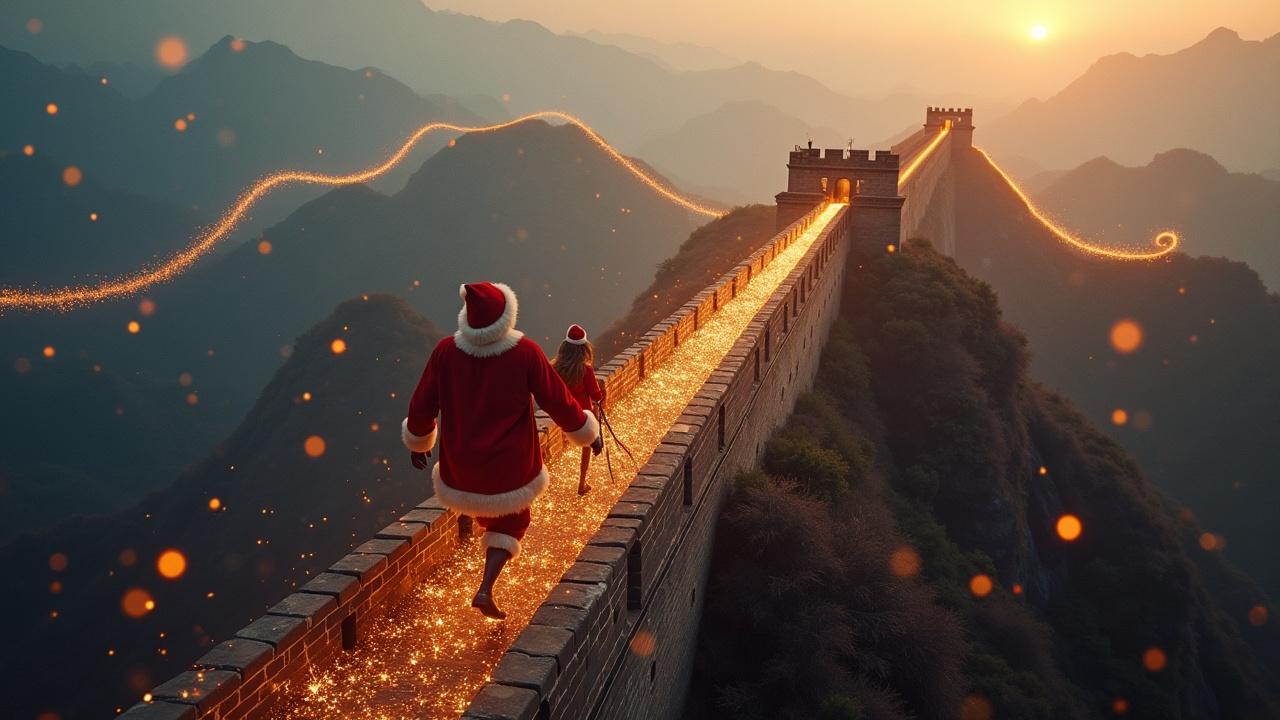 Aerial shot of Santa on the Great Wall of China. Golden hour light creates a magical atmosphere. Santa leaves a sparkling trail. Ultrarealistic detail in the scene.