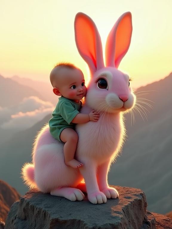 Highly detailed image of a pink and white rabbit with a baby on its back at a mountain peak during golden hour. The scene shows warm sunlight, fluffy fur, and soft features, suggesting emotional warmth and triumph.