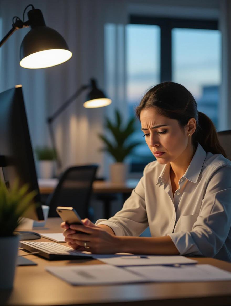 Cinematic photograph of a tired working Mexican mother at her office desk late evening. She looks at her phone with a concerned expression. Modern office environment with warm desk lamp lighting. Professional attire is visible. Shallow depth of field focuses on her expression. Natural skin tones are portrayed.
