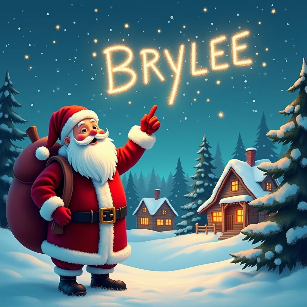 In this enchanting winter scene, Santa Claus, wearing his iconic red suit with a fluffy white beard and a large sack, stands in a snowy village. He points up at the sky, where he magically writes the name 'BRYLEE' with glowing light. Snowflakes gently fall around him, and charming wooden houses with warm lights can be seen in the background, surrounded by evergreen trees. The atmosphere is festive and joyful, perfectly capturing the spirit of Christmas. This image embodies the wonder of the holiday season, evoking feelings of happiness and nostalgia.