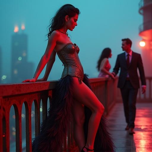 A statuesque woman leans against a railing on a rooftop terrace. She wears a luminous corset that shifts color. The high slit of the corset reveals toned thighs. A feathered skirt billows softly. She wears crimson stilettos with geometric shapes. A silver chain choker with an obsidian pendant adorns her neck. In the background, silhouettes of two figures are entwined. A streetlamp flickers, casting shadows. A man in a suit approaches her. The scene is charged with tension and intimacy.