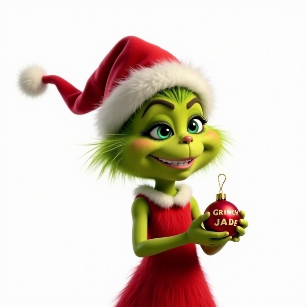 A young female Grinch in a red dress smiles while holding a red ornament labeled Grinch Jade. Character wears a Santa hat. The background is completely white.