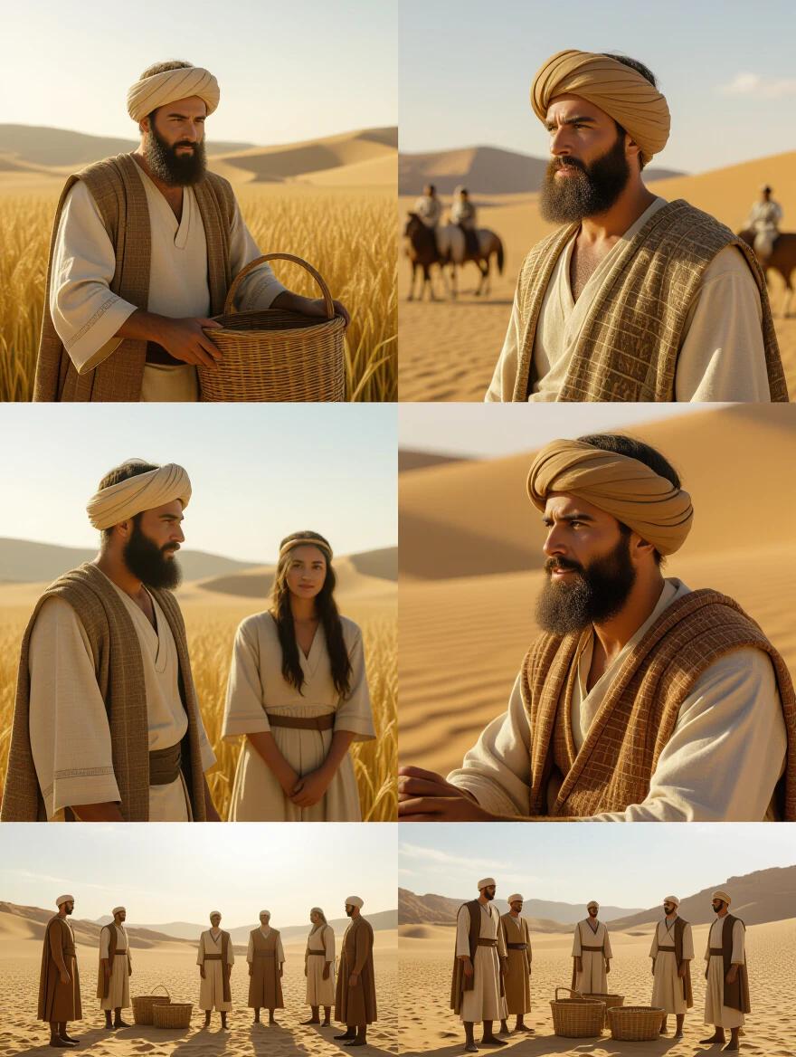 Montage of people in the desert dressed in ancient biblical clothing. Scenes show struggles in farming and moments of celebration. Interactions highlight unity and love. Hyper-realistic depiction with rich details.