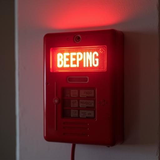 A red alarm device beeping with an illuminated sign that reads 'BEEPING'.