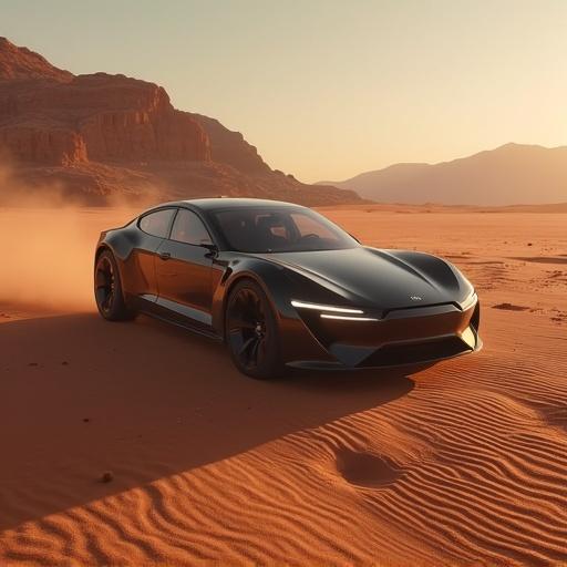 A sleek black Tesla car in a desert landscape during sunset. The scene depicts a futuristic vehicle with mountains in the background and a sandy terrain.