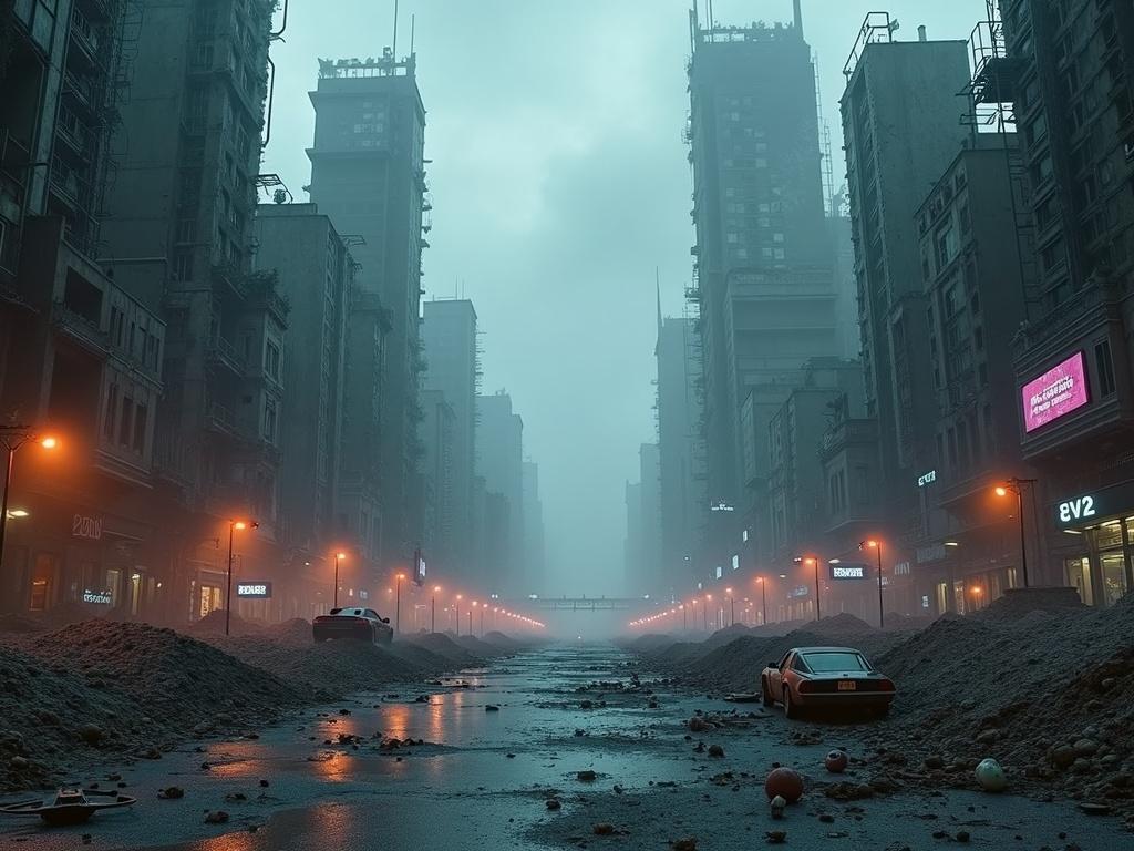 Cinematic photorealistic view of a futuristic apocalyptic city in ruins under stormy sky. Tall cyberpunk skyscrapers cracked and overgrown. Desolate streets littered with hovercars and shattered billboards.