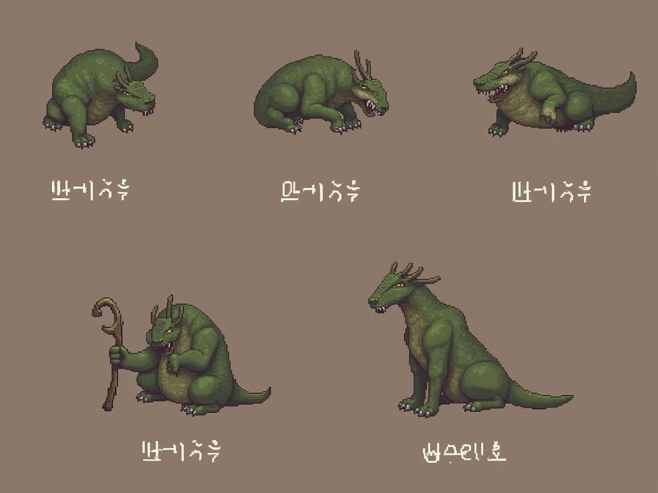 The image features five stylized dragon-like creatures designed in pixel art. Each creature varies in posture and size, showcasing unique characteristics like horns and tails. The color palette primarily consists of shades of green and brown, enhancing the fantasy theme. The creatures seem to belong to a game or animated series, depicted with playful expressions. They are on a neutral background, allowing the focus to remain on their detailed designs.