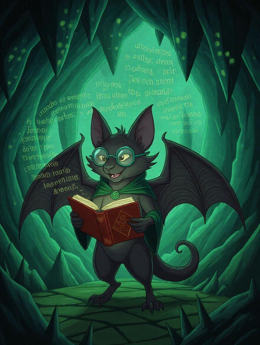 A bat character with spider-glass glasses holds a book made of moth wings. The setting is a magical cave decorated with stalactites. Floating letters of light create upside down poems in the air.