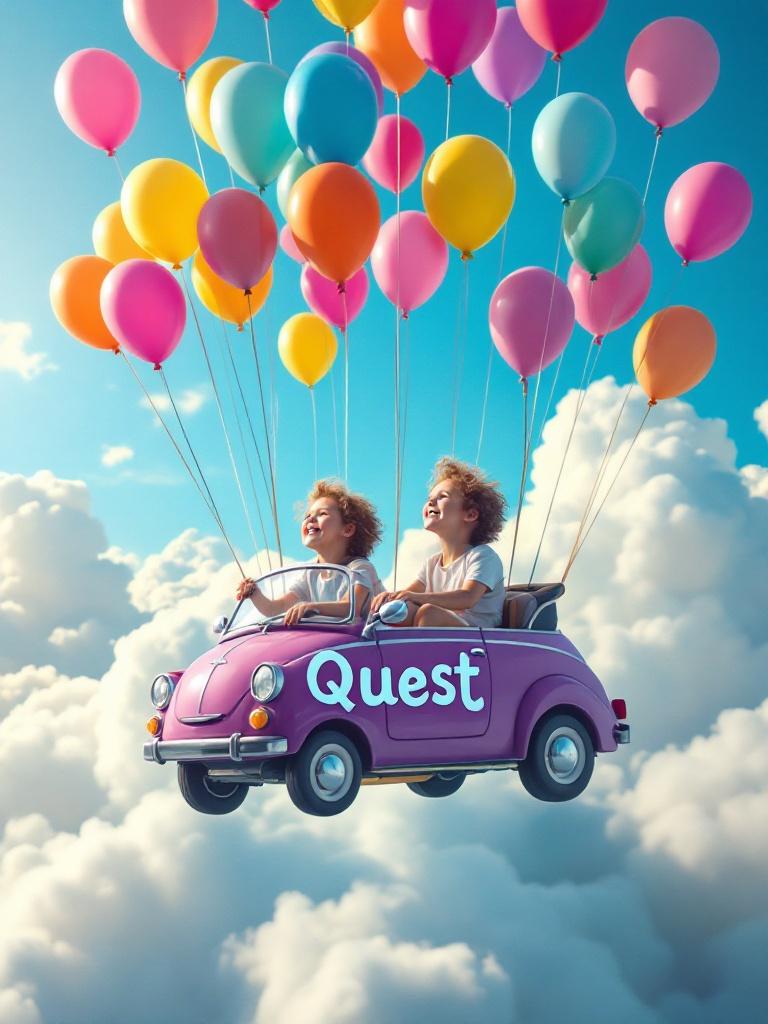 Two joyful kids inside a whimsical purple car floating with balloons. Car is lifted above fluffy clouds under a bright blue sky. Sunlight enhances the magical vibe of the journey. Kids are full of excitement while looking at the surroundings.