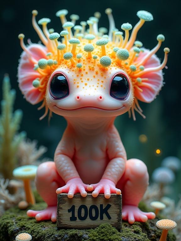 Surreal image of a fantastical creature combining axolotl features with coral and alien flora. The creature has a light pink body, vivid orange head adorned with colorful mushroom-like growths. It has large black eyes, small mouth, and holds a wooden sign reading '100K'. The background is dark with glowing orbs and fantasy plants.