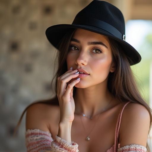 Girl taking a selfie in a casual setting with a hat and natural makeup