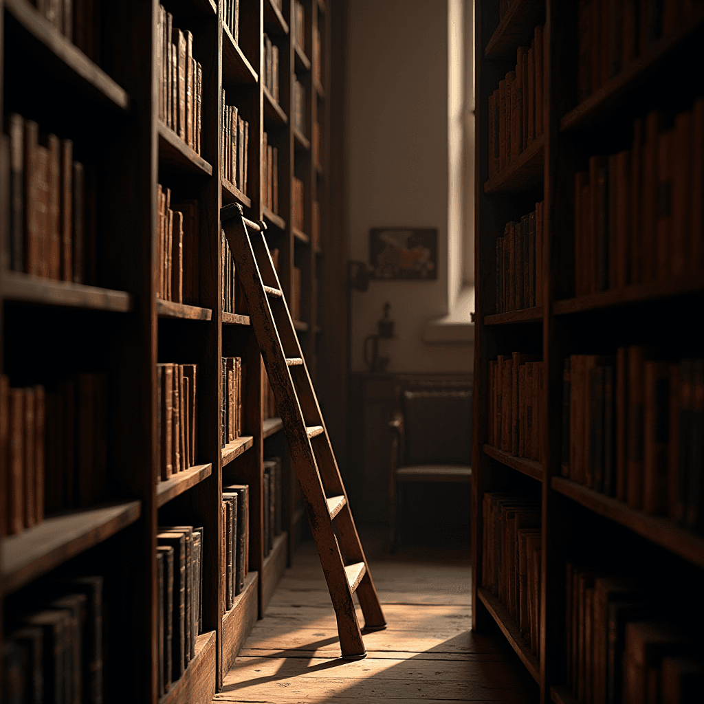 A dimly lit library aisle features tall bookshelves filled with books and a wooden ladder leaning against a shelf.