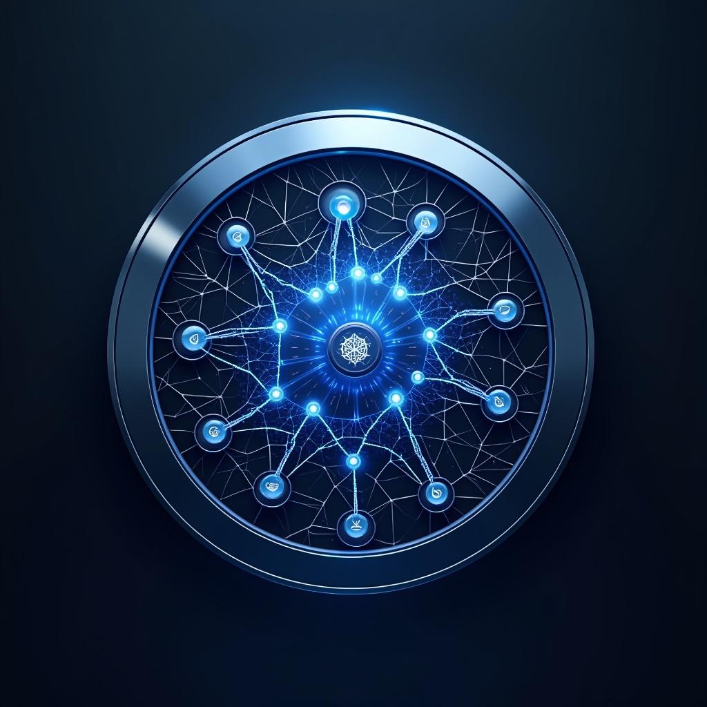 Design features a metallic logo with interconnected glowing blockchain nodes. The background is deep electric blue. Swirling patterns symbolize neural networks with translucent layers from deep indigo to cerulean. Nodes pulse with subtle light. Glyphs represent mobile app interfaces and AI. Logo has a polished chrome edge and reflects advanced technology.