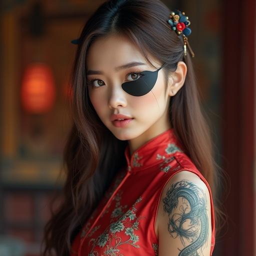 Beautiful woman with fair skin and an oval face. Almond-shaped light blue eyes with defined eyebrows. Wearing a black eyepatch and a red floral Chinese dress. Long brown hair with highlights falls on both sides. Small nose and coral lips. Tattoo on forearm. High-heeled sandals. Stands in a setting resembling the Forbidden City.