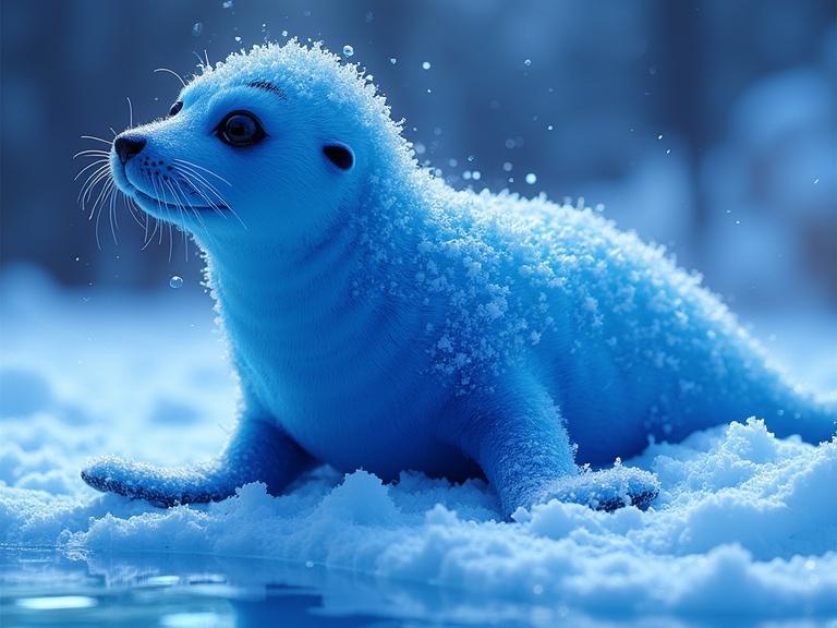 A funny seal made of neon blue and dark blue colors. The design showcases high contrast against a white snowy background with polar ice and water. The image is ultra-realistic and highly detailed.