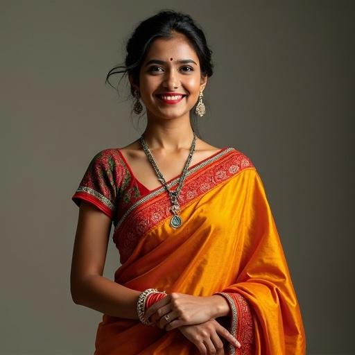 A woman in a beautifully draped orange saree with intricate border. She wears traditional jewelry including necklace and bangles. The background is simple to highlight the saree. The focus is on the saree and her graceful posture.