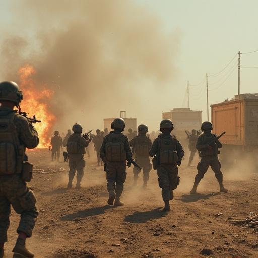 A group of soldiers appears to be engaged in combat. The scene features smoke and explosion effects. Children, aged six, are armed with rifles. The background shows trailers. Some trailers appear to be afire. Soldiers move determinedly through debris. The combat zone is visible with clear conflict elements.