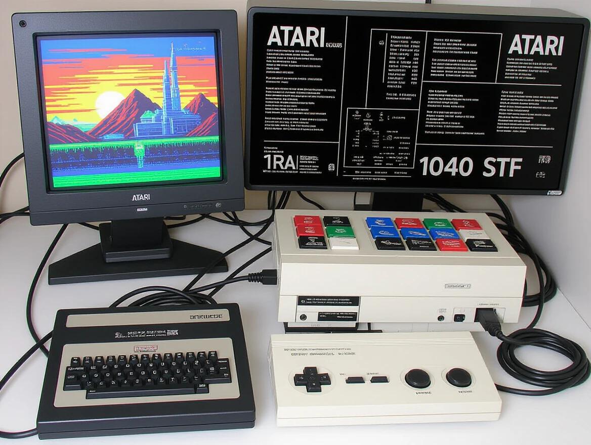 Display of an Atari 1040 STF computer with monitor and accessories. Retro gaming equipment. Bright colors on the screen. Vintage design style. Clear and well-organized setup.