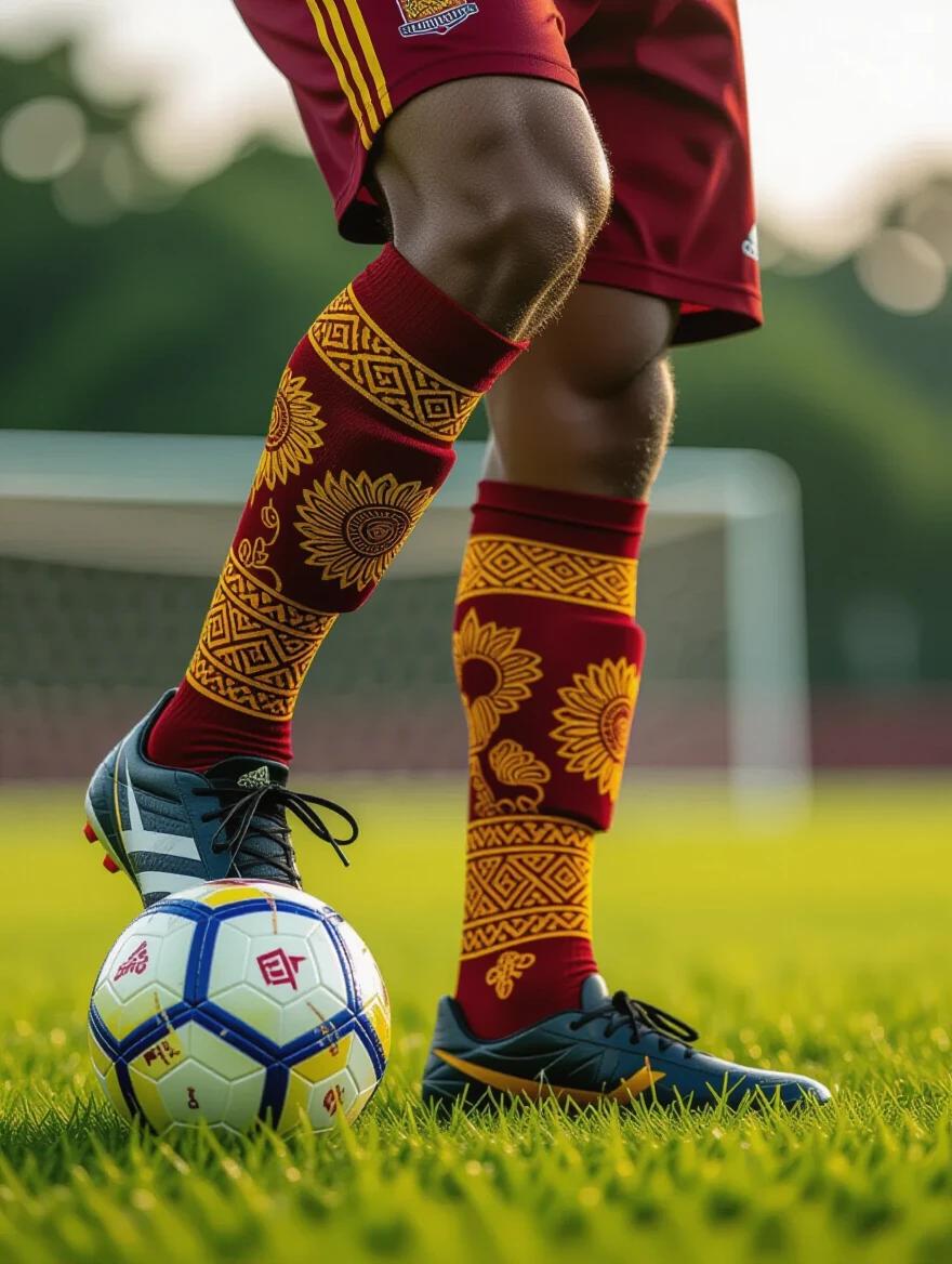 A close-up soccer training photograph shows a player's foot poised over a soccer ball. The athlete wears vibrant crew socks with Solo batik designs featuring rich burgundy and golden yellow colors. Socks showcase traditional motifs like Garuda Kencana bird and kawung patterns. Dynamic grass pitch under Indonesian afternoon light highlights batik details, emphasizing a blend of culture and sports training. Professional sports photography captures movement and technical skills, reflecting the connection to Indonesian heritage in modern performance.