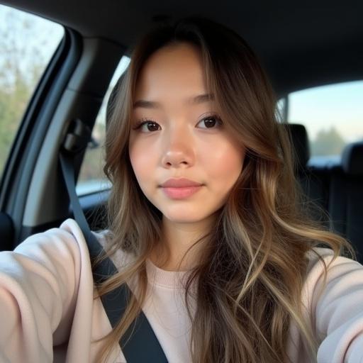 Real life style photo of a girl taking a selfie in a car. The girl has long hair and a natural makeup look. There is soft lighting and a relaxed atmosphere.