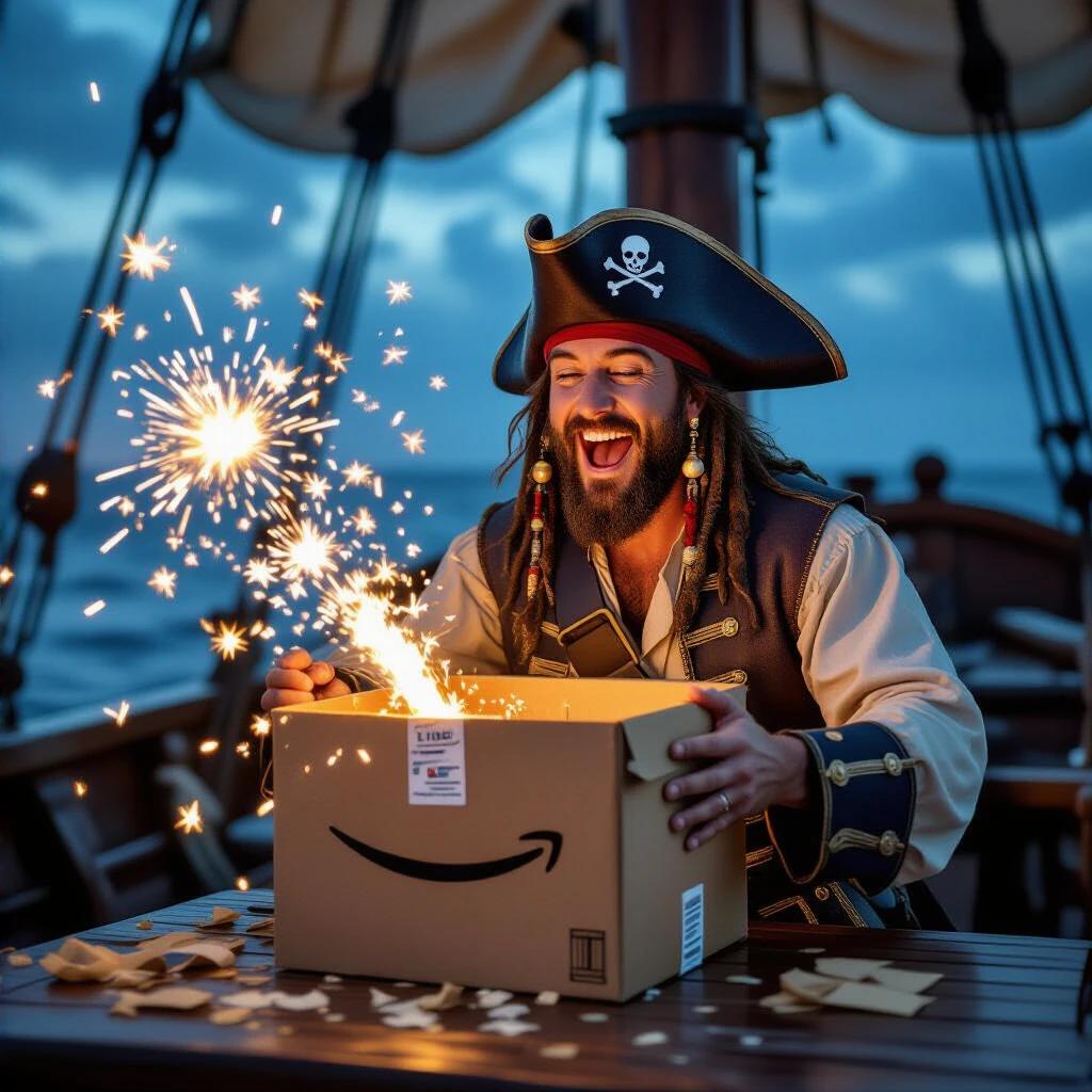 A joyful pirate on a ship opens an Amazon box. Sparkles and small fireworks burst from the box, illuminating the scene. The pirate shows excitement. The box has the Amazon logo and tape. The setting is vibrant. The scene is compact to fit logo and slogan later.