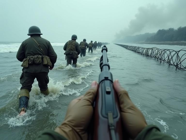 Visceral image depicting soldiers in grey water on D-Day. First-person view with rifle in hand. Fellow soldiers wade through waves towards smoke-hazed shoreline. Obstacles like barbed wire in surf. Tense atmosphere, overcast sky, and cold water.