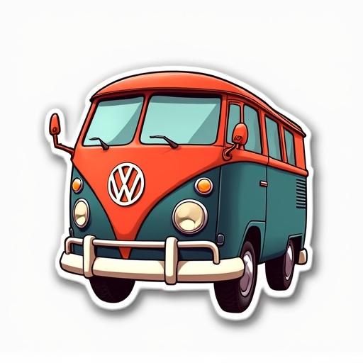 A sticker design featuring a retro-style Volkswagen bus in cartoon form. The bus has a vibrant teal and red color scheme on a clean white background, emphasizing its vintage appeal in 3D style.