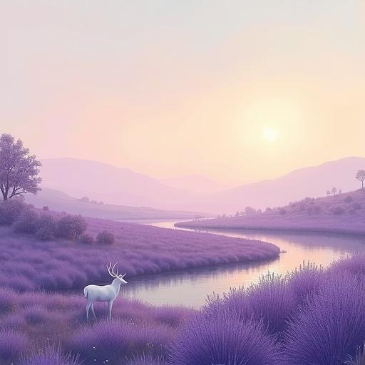 Wide field of lavender under evening sky. White deer beside still pond. Soft light creates serene atmosphere. Impressionist painting style with gentle strokes. Pastel tones dominate the landscape.